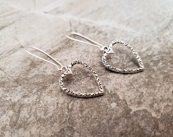 Silver Heart Earrings, Textured Open Heart Charm Earrings, Heart Drop Earrings, Sterling Silver Earwire, Unique Gift for her, Valentine's