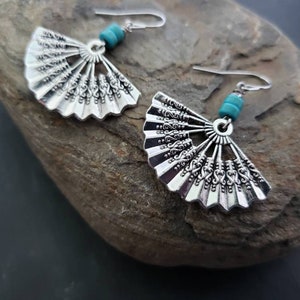Sale Silver Fan Blue Turquoise Gemstone Earrings, Antique Silver, Highly Detailed, Oriental, Unique Gift Ideas For Her, jingsbeadingworld
