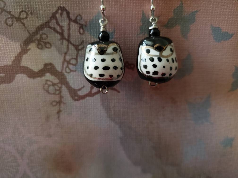 Black And White Porcelain Owl Silver Earrings, Handpainted, Wise Owl Jewelry, Unique Gift Ideas For 