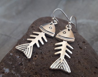 Sale Fish Bone Earrings, Silver Fish Earrings, Fishbone Earrings, Fish Jewelry, Sterling Silver Earwire Nature Inspired Jewelry Gift for her