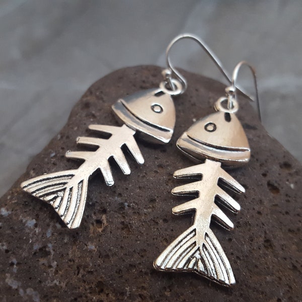 Sale Fish Bone Earrings, Silver Fish Earrings, Fishbone Earrings, Fish Jewelry, Sterling Silver Earwire Nature Inspired Jewelry Gift for her