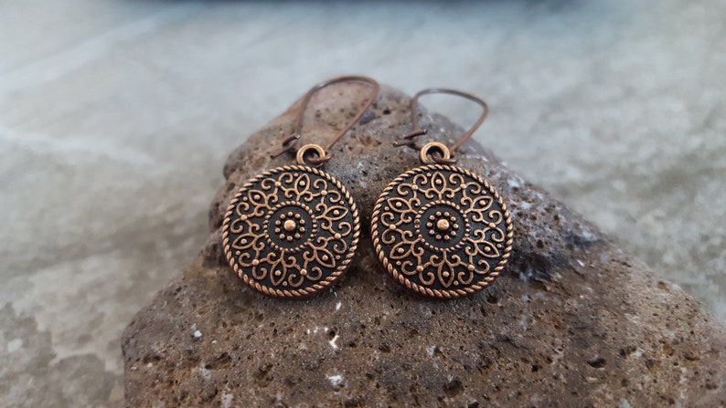Copper Flower Disc Earrings Bohemian Jewelry,Unique Gift for her** Flower of Life Earrings Antique Copper Nature Textured Drop Earrings