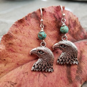 Eagle Head Blue Turquoise Earrings, Rustic Silver, Natural Gemstone, Sterling Silver Earwire, Nature, Unique Gift Ideas, jingsbeadingworld**