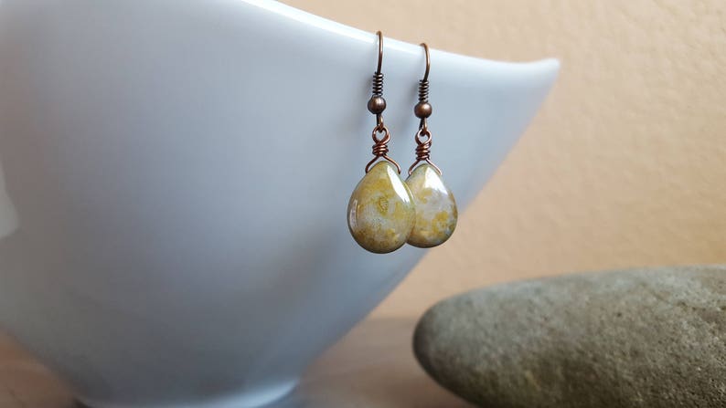 Rustic Green Teardrop Earrings, Wire Wrapped, Picasso Czech Glass, Opaque Green,Vintage Antique Copper, Earthtone, Unique Gift Ideas for her image 4