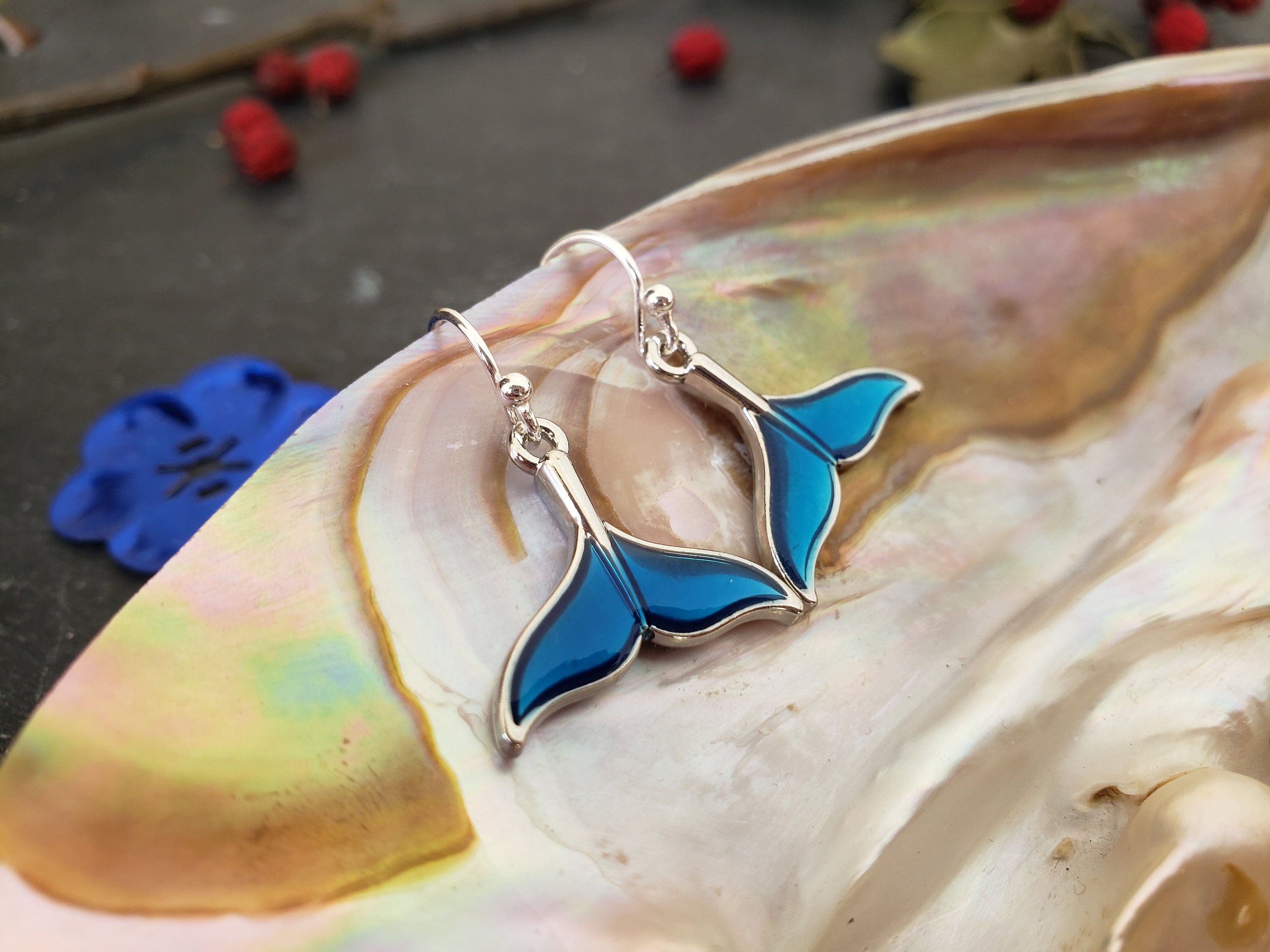 Sale Whale Tail Ocea Blue Enamel Silver Earrings Whale Jewelry