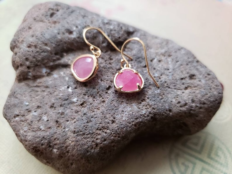 Minimalist Jewelry Pink Faceted Glass Bezel Drop Gold Filled Earrings jingsbeadingworld Cherry Quartz Pink Unique Gift Ideas For Her