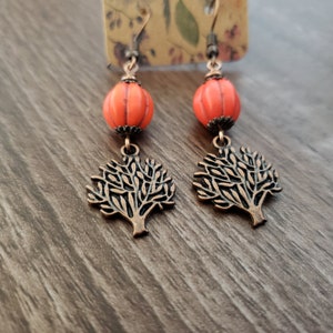 Tree of Life Orange Turquoise Earrings, Antique Copper Tree Earrings, Tree Jewelry, Rustic Earthtone, Vintage Inspired, Gift For Her