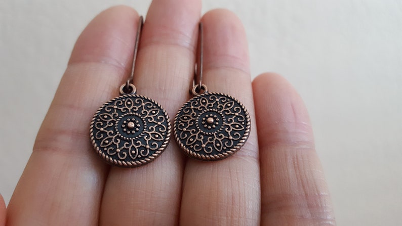 Copper Flower Disc Earrings Bohemian Jewelry,Unique Gift for her** Flower of Life Earrings Antique Copper Nature Textured Drop Earrings