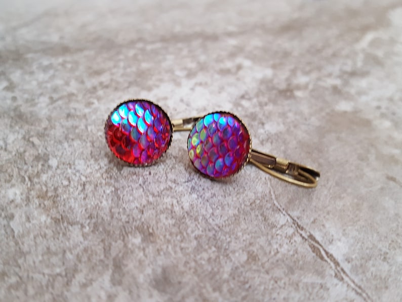 Hot Pink Purple Fish Scale Earrings Ocean Theme Nautical Little Mermaid ** Fish Scale Cabochon Bronze Leverback Earrings