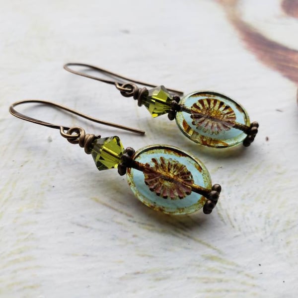 Brown Green Aqua Blue Oval Glass Earrings, Picasso Olivine Antique Bronze Earrings, Czech Glass Crystal Earrings, Rustic Earthtone, For Her