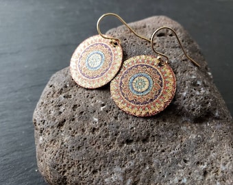 Sale Delicate Gold Tone Enamel Mandala Earrings, Flower of Life, Boho Drop Earrings, 14K Gold Filled Earwire, Gift For Her jingsbeadingworld