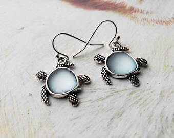 Sale Silver Sea Turtle Pale Blue Frosted Sea Glass Earrings, Antique Silver Sea Turtle Earrings, Unique Gift For Her, jingsbeadingworld