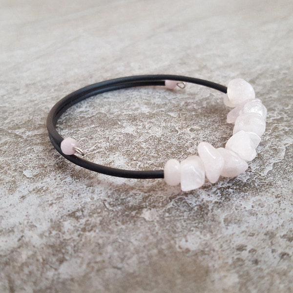 Pulsera de cuarzo rosa - Brazalete de perlas de chip de piedras preciosas de cuarzo rosa natural - Talla única