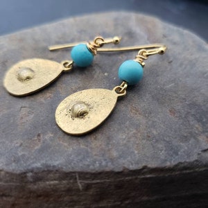 Sale Antique Gold Teardrop Blue Turquoise Earrings, Textured Teardrop, Natural Gemstone, Unique Gift For Her, Minimalist Jewerly