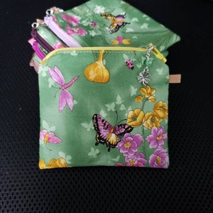 Handmade Butterfly Garden Zipper Pouch, Lined Fabric Coin Purse, Green Pink Mustard Yellow Multicolor, Unique Gift Ideas jingsbeadingworld