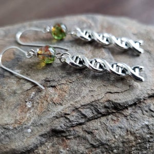 Sale DNA Strand Double Helix Brown Olivine Green Sterling Silver Earrings, Scientist Biologist Student Graduation Gift, DNA Jewelry, For Her