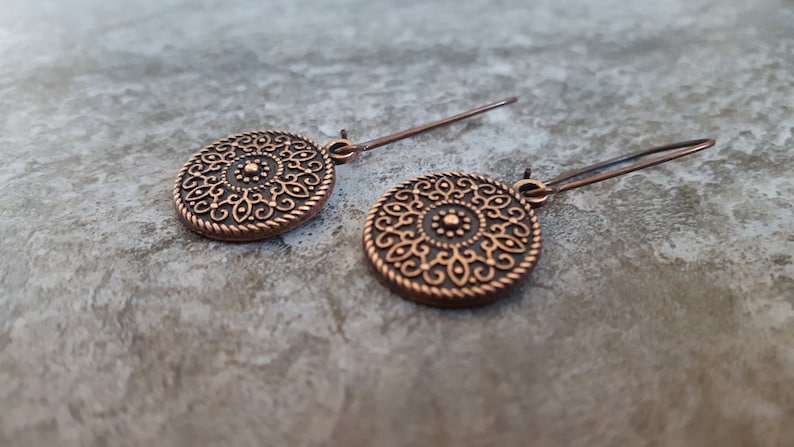 Copper Flower Disc Earrings Bohemian Jewelry,Unique Gift for her** Flower of Life Earrings Antique Copper Nature Textured Drop Earrings
