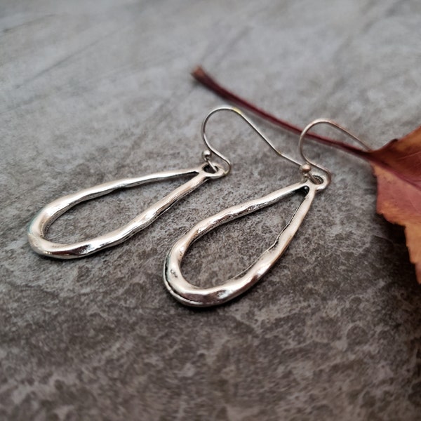 Sale Silver Teardrop Hoop Earrings, Oval Hoop Earrings, Antiqued Silver Drop Earrings, Lightweight Everyday, Gift for her, Nature