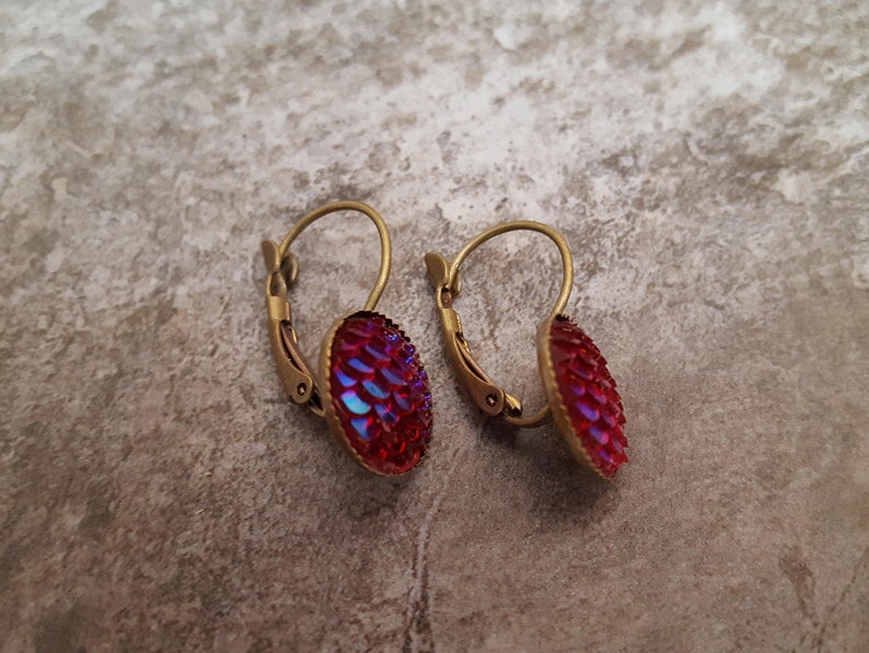 Hot Pink Purple Fish Scale Earrings Ocean Theme Nautical Little Mermaid ** Fish Scale Cabochon Bronze Leverback Earrings