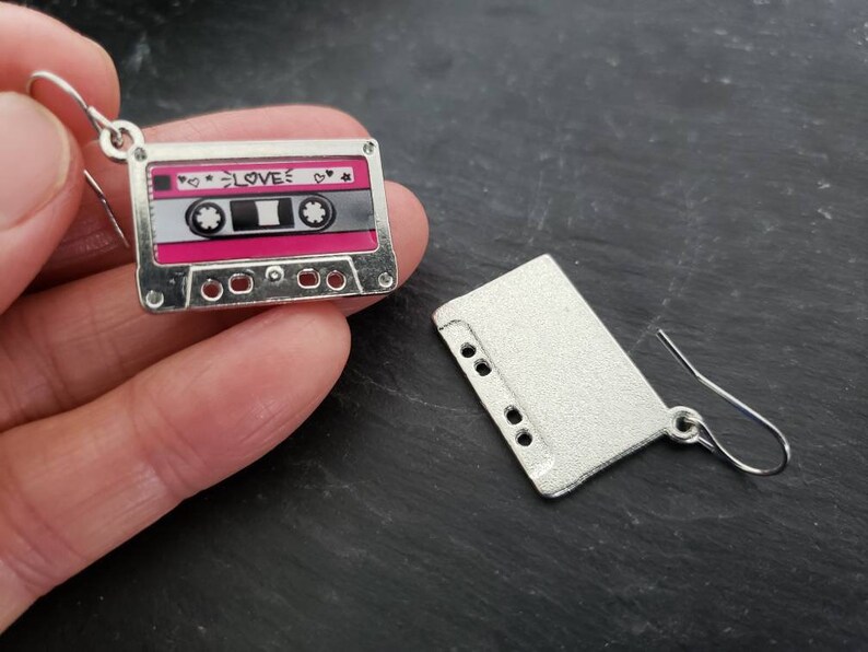 Sale Silver Cassette Tape Earrings, Highly Detailed, Cassette Jewelry, Retro Vintage, 80's Gift Ideas For Her, Music Lovers Gift afbeelding 2