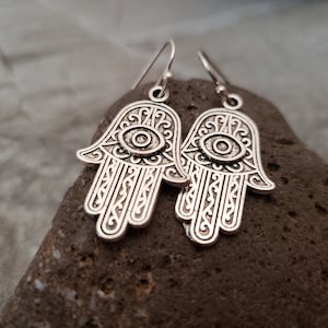 Sale Hamsa Hand Earrings, Antique Silver Hand Earrings, Evil Eye Protection, Sterling Silver Earwire, Yoga Jewelry, Unique Gift Ideas