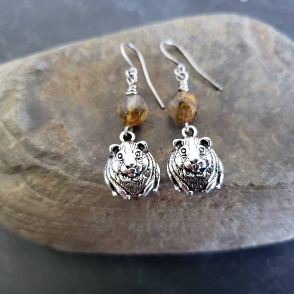 Sale Silver Guinea Pig Natural Quartz Gemstone Earrings, Hamster Earrings, Rustic Antique Silver, Unique Gift For Her, jingsbeadingworld