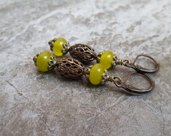 Sale Peridot Bronze Earrings, Abacus Gemstone Earrings, Filigree Bronze Bead Earrings, Olivine Earrings, Gift for her, Leverback Earrings