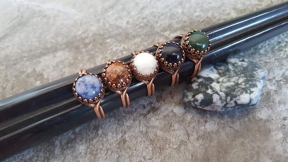 Gemstone Cabochon Ring - Sodalite, Jasper, Howlite, Blue Sandstone, Emerald Green Jade Natural Gem Ring in Copper, Adjustable, Gift for her