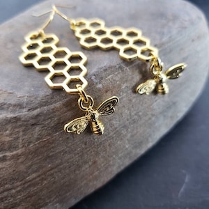Sale Bee and Honeycomb Gold Earrings, Queen Bee, Bright Gold, Geometric Statement Earrings, Unique Gift Ideas For Her, Minimalist Jewelry
