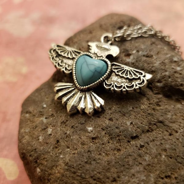 Sale Eagle Totem Blue Turquoise Heart Pendant Antique Silver Necklace, Southwestern, Rustic Tibetan Silver, Unique Unisex Eagle Jewelry