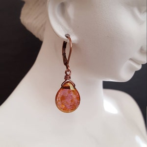 Rose Gold Teardrop Copper Earrings, Wire Wrapped Czech Glass Earrings, Copper Jewelry, Leverback Earrings, Gift for her, jingsbeadingworld image 1