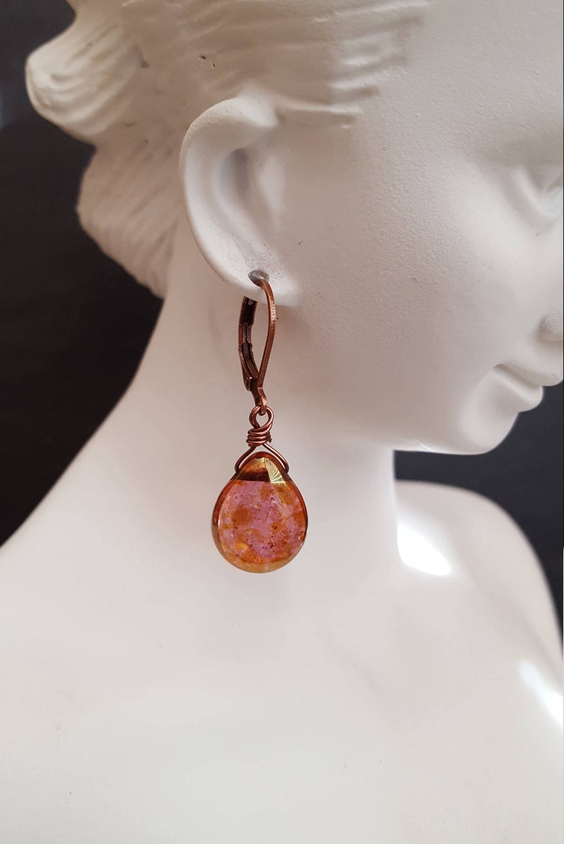 Rose Gold Teardrop Copper Earrings, Wire Wrapped Czech Glass Earrings, Copper Jewelry, Leverback Earrings, Gift for her, jingsbeadingworld image 1