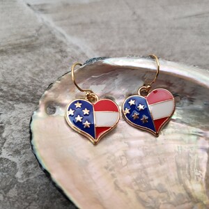 Sale Patriotic Heart Enamel Earrings, National Flag Earrings, 4th of July, Red White Blue, Gold Filled Earwire, Unique Gift for her