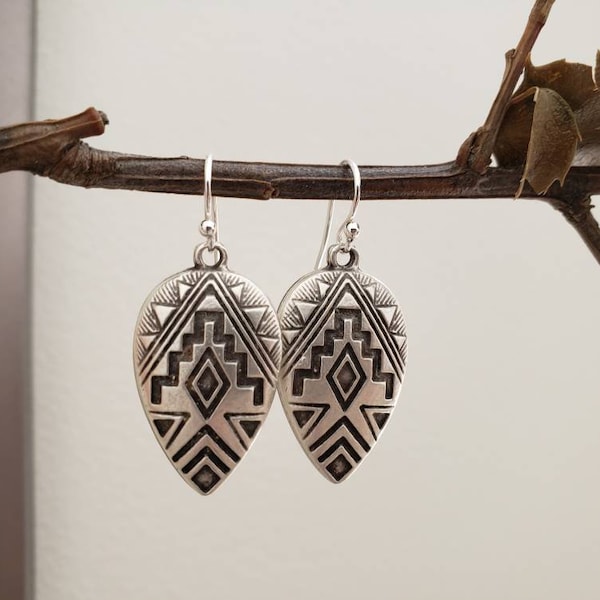 Sale Antique Silver Aztec Teardrop Earrings, Native American Aztec Jewelry, Ethnic Tribal Bohemian, Southwestern, Unique Gift Ideas For Her