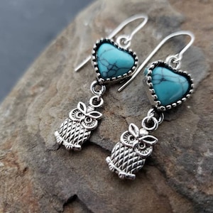 Sale Antique Silver Owl Blue Turquoise Heart Sterling Silver Earrings, Wise Owl, Natural Gemstone, Unique Owl Jewelry, Gift For Her, Nature