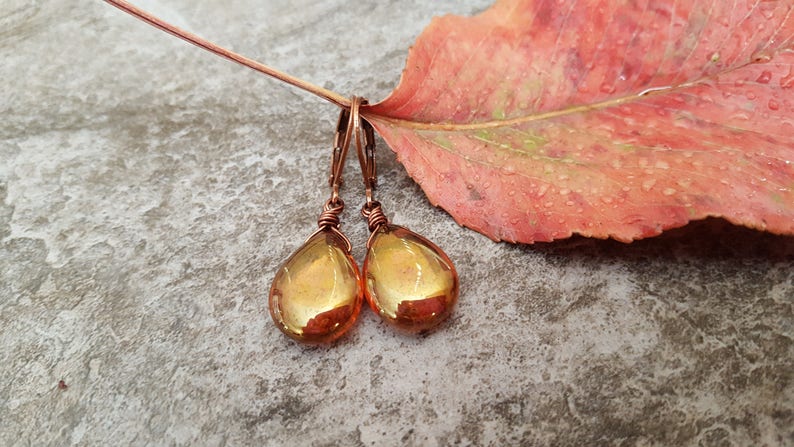 Rose Gold Teardrop Copper Earrings, Wire Wrapped Czech Glass Earrings, Copper Jewelry, Leverback Earrings, Gift for her, jingsbeadingworld image 2