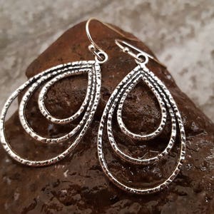 Sale Layered Silver Teardrop Earrings, Oval Hoop Earrings, Antiqued Silver Drop Earrings, Rustic Lightweight Everyday, Gift For Her image 4