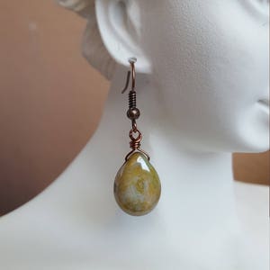 Rustic Green Teardrop Earrings, Wire Wrapped, Picasso Czech Glass, Opaque Green,Vintage Antique Copper, Earthtone, Unique Gift Ideas for her image 3