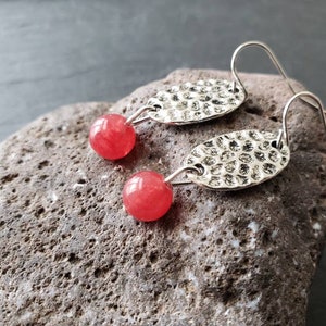 Sale Red Jade Silver Earrings, Hammered Oval Disc Earrings, Red Gemstone Jewelry, Rustic Antique Silver, Unique Gift Ideas For Her