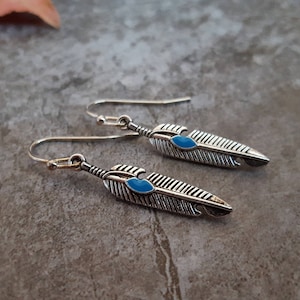 Silver Feather Earrings, Turquoise Blue Feather Earrings, Antique Silver Earrings, Sterling Silver Earwire, Gift for her,jingsbeadingworld**