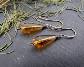 Sale Golden Topaz Glass Teardrop Earrings, Honey Drop Earrings, Antiqued Bronze, Vintage Inspired, Unique Gift For Her, jingsbeadingworld
