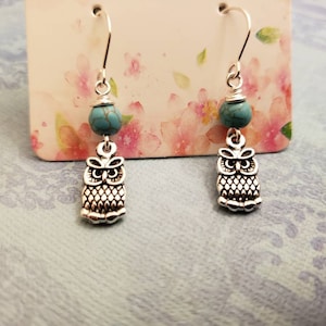Sale Wise Owl Branch Blue Turquoise Gemstone Sterling Silver Earrings, Rustic Antique Silver, Unique Owl Jewelry, Gift For Her