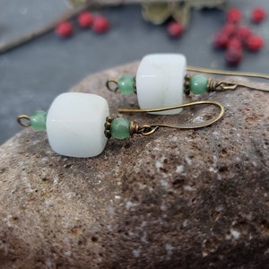 Sale White And Green Jade Bronze Earrings, Geometric Gemstone Cube Earrings, Antique Bronze Jewelry, Rustic  Earthtone, Unique Gift For Her