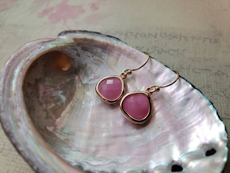 Minimalist Jewelry Pink Faceted Glass Bezel Drop Gold Filled Earrings jingsbeadingworld Cherry Quartz Pink Unique Gift Ideas For Her