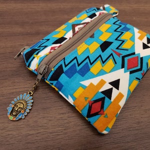 Aztec Double Zipper Lined Pouch, Tribal, Southwest, Teal Black Brown Red Mustard Yellow, Travel Wallet, Unique Gift Ideas for her, 4.5x5"