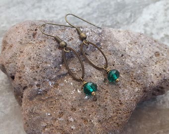 Teal Green Earrings - Bronze Metal Oval Link & Teal Crystal Earrings - Metalwork Earrings, jingsbeadingworld inspired by nature,Gift for her