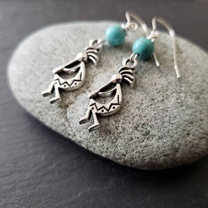 Sale Kokopelli Blue Turquoise Gemstone Earrings, Tribal Bohemian, Southwestern, Antique Silver, Unique Gift Ideas For Her, jingsbeadingworld