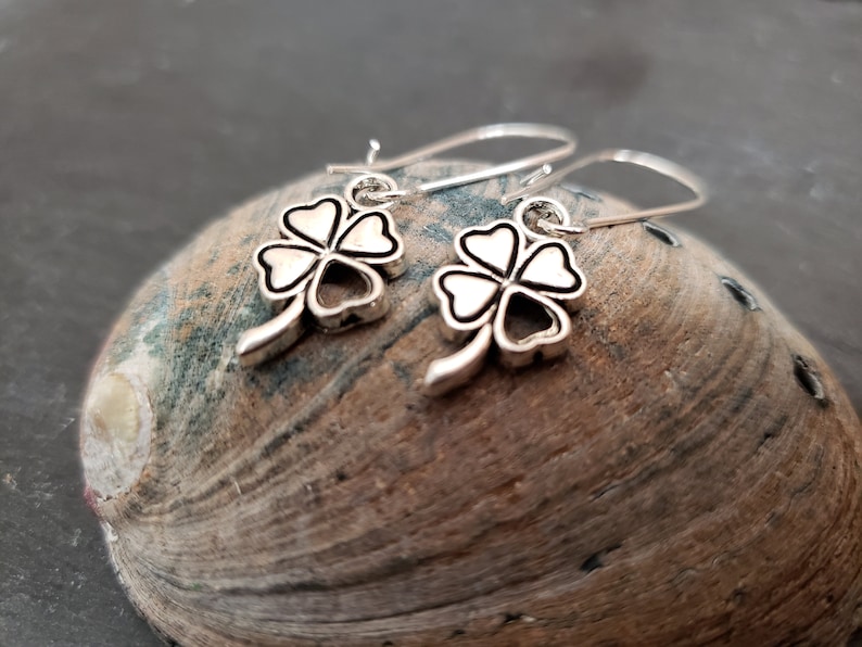 Silver Four Leaf Clover Heart Earrings Mini Leaf Earrings Unique Gift for her Leaf Jewelry Sterling Silver Earwire Nature Inspired **