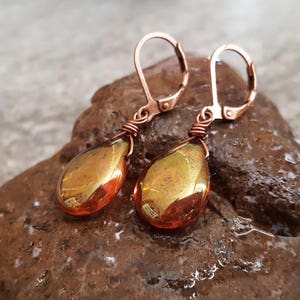 Rose Gold Teardrop Copper Earrings, Wire Wrapped Czech Glass Earrings, Copper Jewelry, Leverback Earrings, Gift for her, jingsbeadingworld image 3