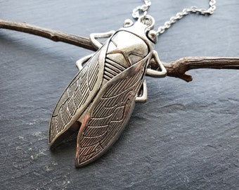 Silver Cicada Pendant Necklace, Antique Silver, Highly Detailed, Nature Inspired Jewelry